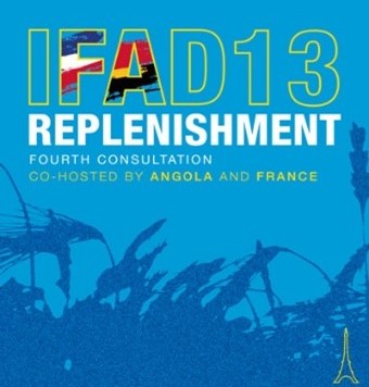 Cartaz do IFAD 13 com imagem de espigas de trigo. Replenishment. Fourth Consultation. Co-hosted by angola e France.