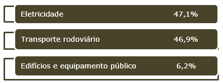 Linha de crédito e empréstimos por finalidade (em %) - Eletricidade: 47,1%; Transporte rodoviário: 46,9%; Edifícios e equipamento público: 6,2%