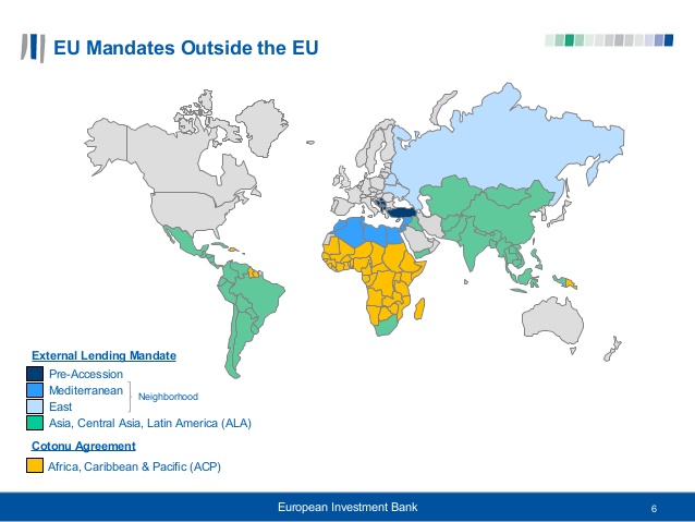 Mapa das regiões de atuação da União Europeia fora da União Europeia