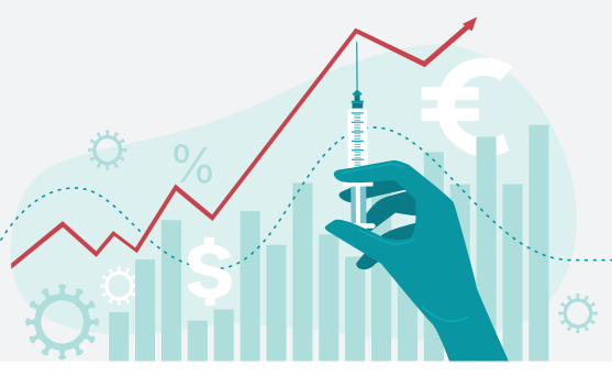 Gráfico de barras com linha vermelha a subir. Em cima do gráfico tem uma mão com uma seringa a apontar para a linha vermelha e no fundo do gráfico podem visualizar-se símbolos, tais como cifrão, euro, percentagem e roda dentada. Barras e fundo do gráfico a cor azul água e a mão em azul petróleo.