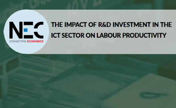 Logo NEC Connecting Economics. Título: The impact of R&D investment in the ICT sector on labour productivity em fundo verde.