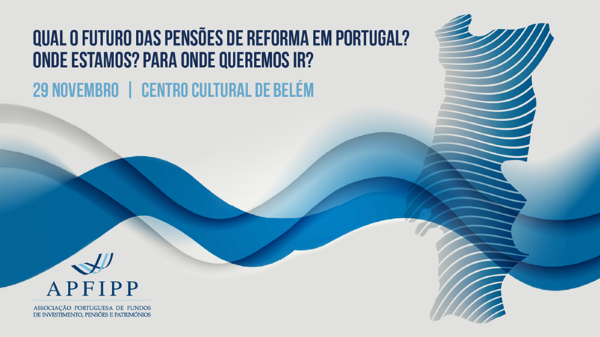 No canto superior esquerdo título da conferência, data (29 novembro) e localização (Centro Cultural de Belém). No canto inferior, logo da APFIPP. Do lado direito da imagem, mapa de Portugal. Ao centro linhas onduladas, que atravessa a imagem do lado esquerdo ao lado direito.