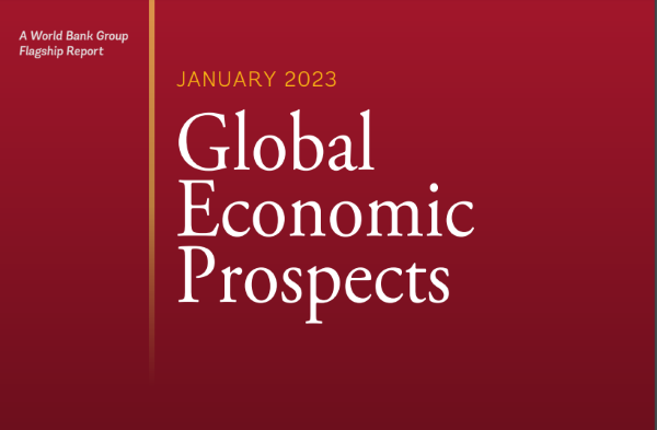 Fundo vermelho escuro com o data e título da publicação: January 2023 - Global Economic Prospects