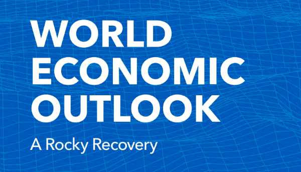 World Economic Outlook - A Rocky Recovery em fundo azul