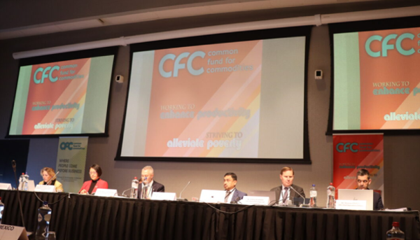 Mesa de oradores, 5 pessoas sentadas. Atrás, projeção da apresentação (contém logo do CFC - Common fund for commodities)