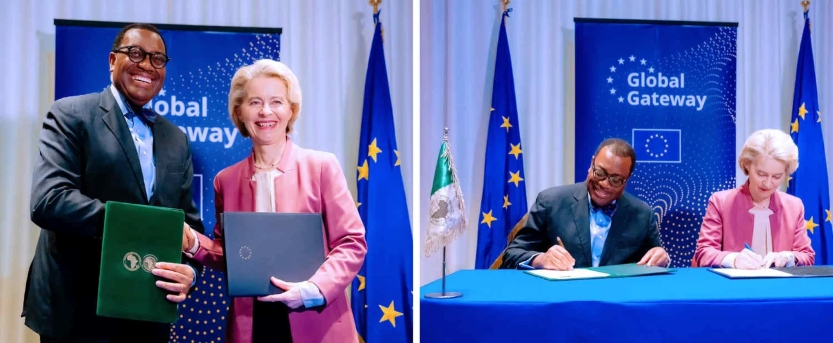 Duas imagens: a da direita Presidente da Comissão Europeia, Ursula von der Leyen, e o Presidente do Grupo Banco Africano de Desenvolvimento, Dr. Akinwumi Adesina assinam acordo; a da esquerda: aperto de mão entre Ursula von der Leyen e Dr. Akinwumi Adesina após assinatura. 