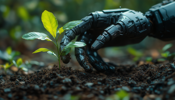 Mão robótica e planta na terra