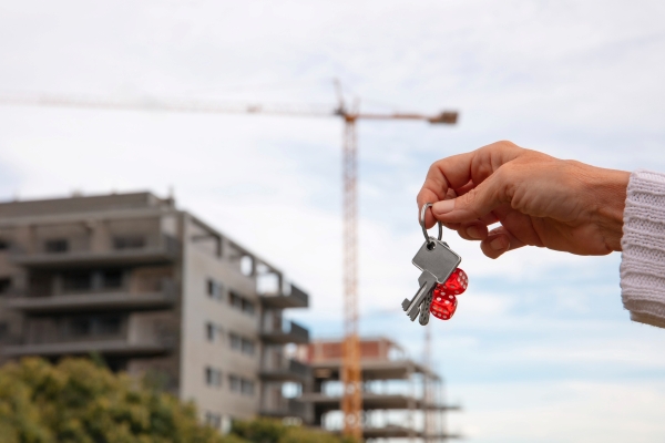 Prédios em construção e mão a segurar chaves